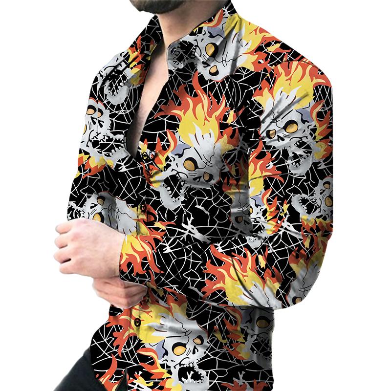3D Skull Print Men's Long-sleeved Stretch Shirt Vacation Party Shirt