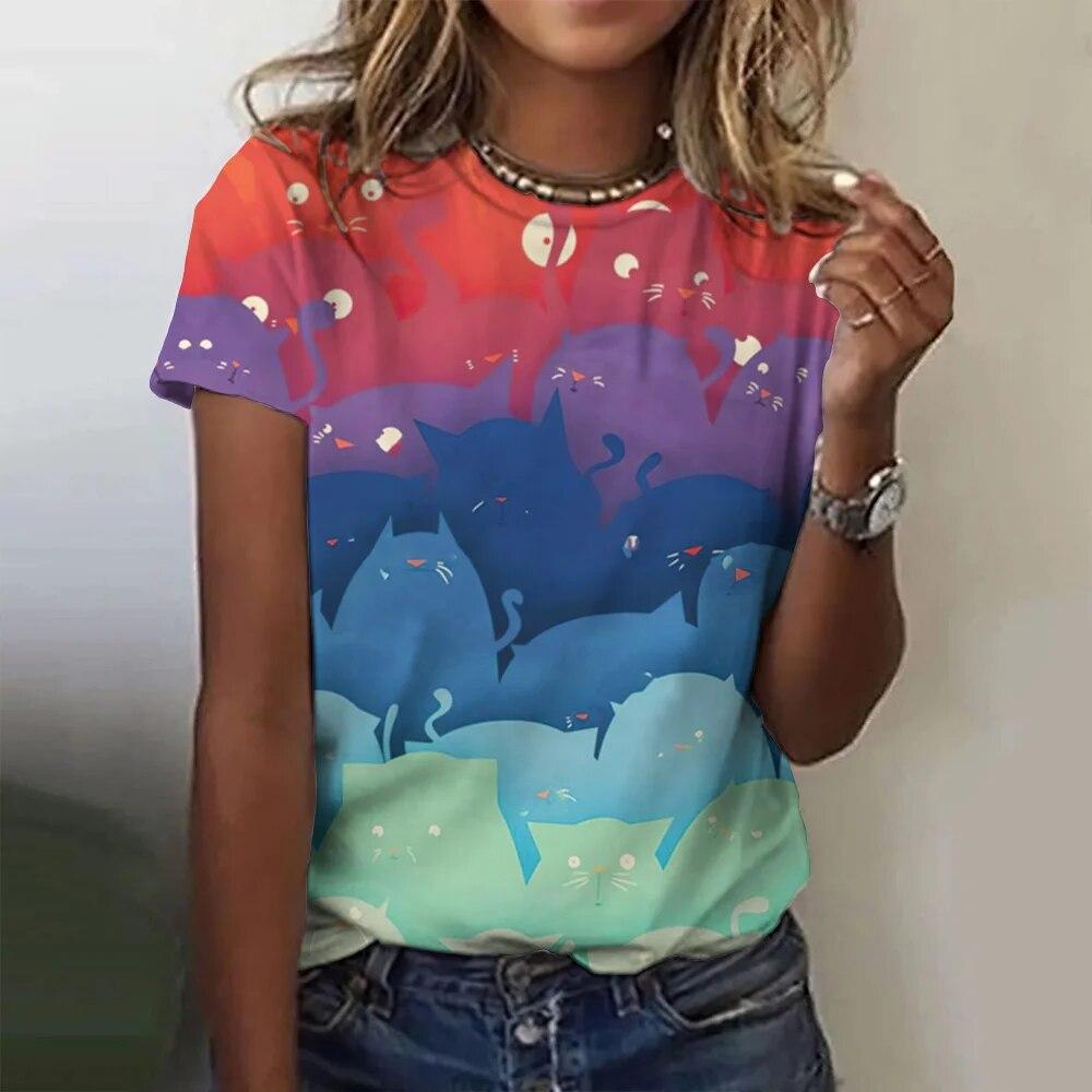Summer Round Neck Cartoon Cat Pattern 3D Print Top Fashionable Casual Short Sleeved Women's T-shirts