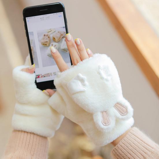 Women Winter Plush Gloves Thickened Warm Fuzzy Rabbit Mittens Girls Convertible Winter Fingerless Mittens for Cycling Outdoor Exercise