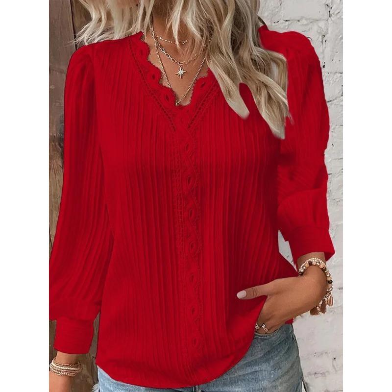 Long Sleeve V-Neck Fine Elegant Woman Shirts Lace Spliced Hollow Office Lady Blouses Youthful Fashion Loose Streetwear Tops