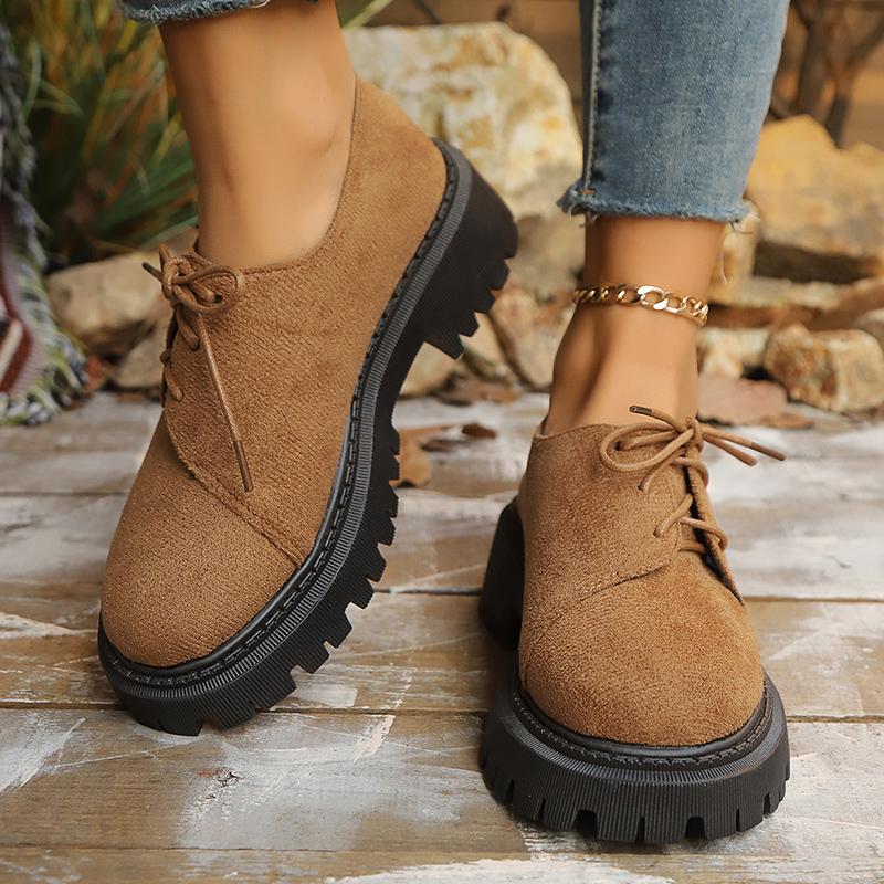 Clasic Lace-Up Fax Suede Round Pumps Shoes Ladies Vintage Mix Color Med Heel Single Shoes Women Hot Sale Big Size Loafers Mujer