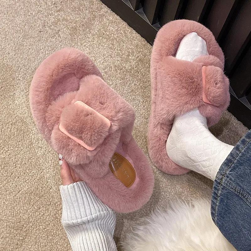 Women's Slippers 2024 New Casual Plush Fluffy Slippers Solid Color Indoor Warm Home Fashion Belt Buckle Outdoor Cotton Slippers