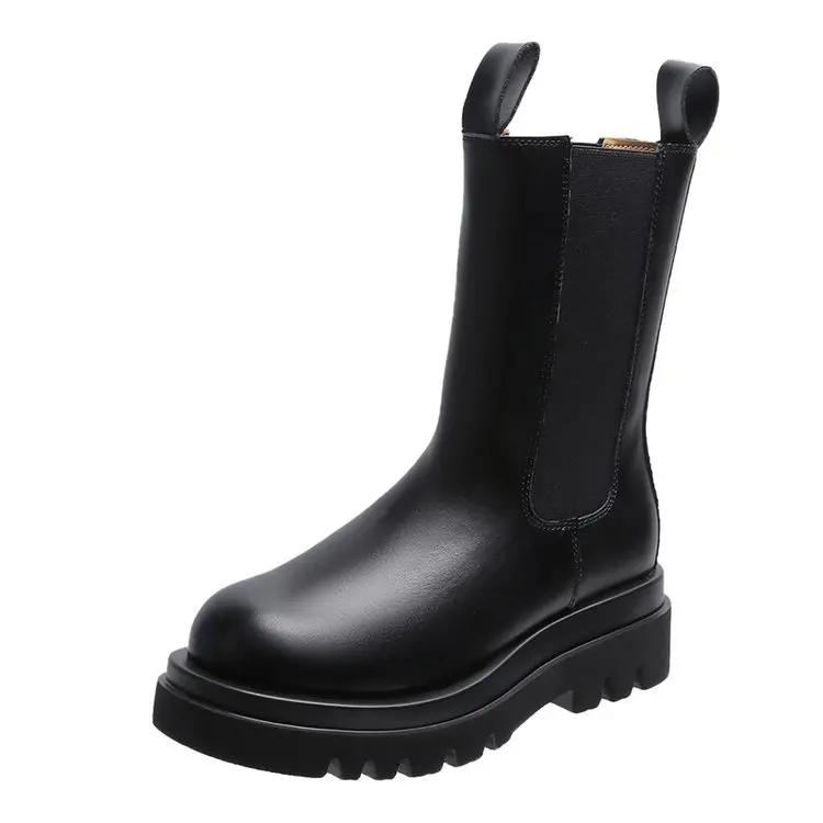 Women's Platform Boots Fashion Mid Calf Boots New Casual Leather Boots for Women Winter Plush Warm Ankle Boot Black Chelsea Boot
