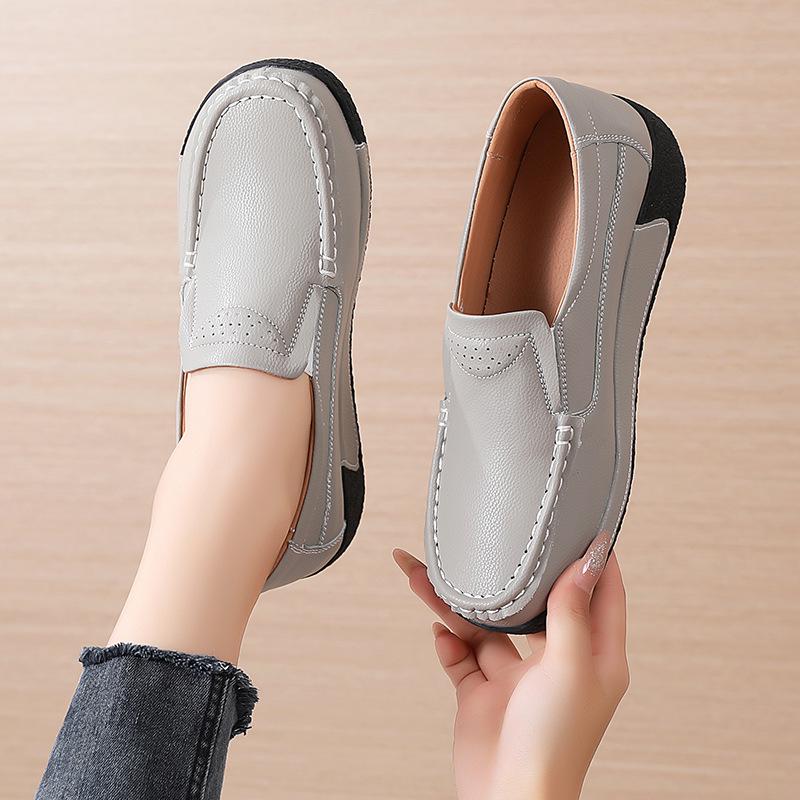 Genuine Leather Thick-Soled Loafers for Women - Soft, Casual Slip-On Shoes for All Seasons, Suitable for Pregnant Women