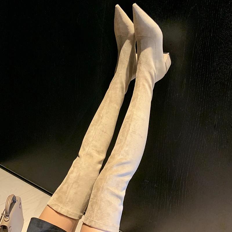 Sexy Woman Over The Knee Boots Lady Slim Elastic Long Thigh High Boots Pointed Toe Kid Suede Ladies  De Mujer 33-43