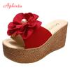 Fashion Aphixta 9cm Heels Slides Pearl Crystals Appliques Shoes Woman Slippers Flip Flops Wedge Heel Platform Woman Beach Zapatos Mujer