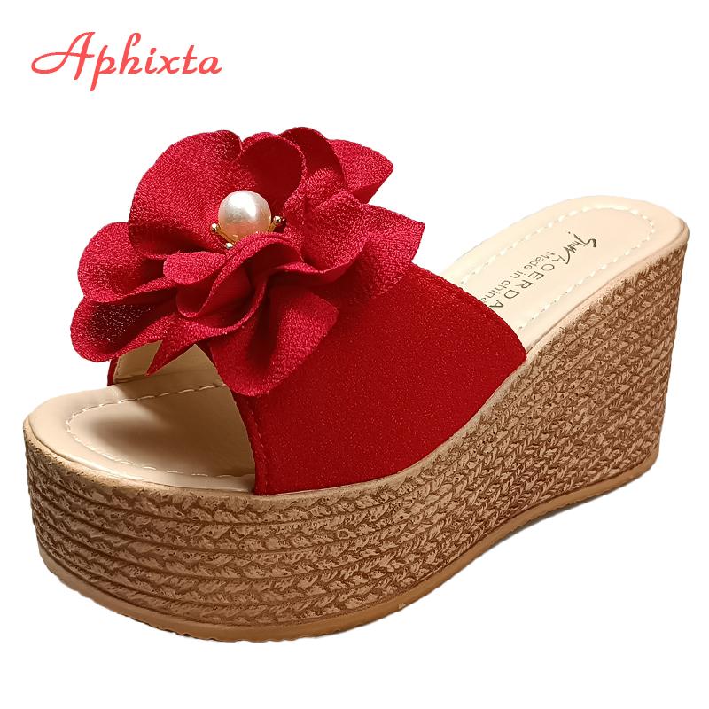 Fashion Aphixta 9cm Heels Slides Pearl Crystals Appliques Shoes Woman Slippers Flip Flops Wedge Heel Platform Woman Beach Zapatos Mujer