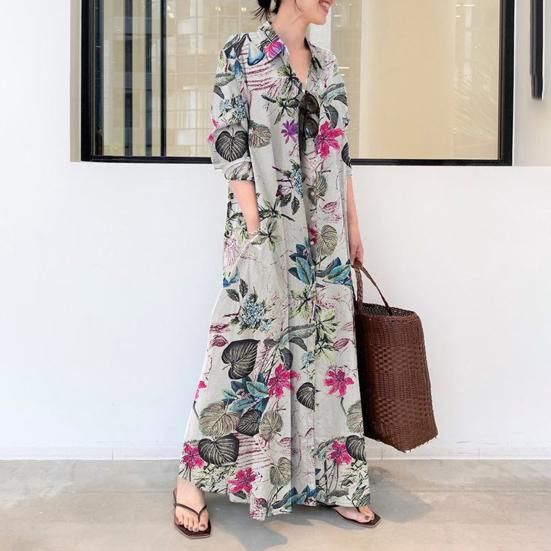 Dress Loose Colorful Flower Print Ankle Length Long Sleeve Pockets A-line Lapel Single-breasted Soft Breathable Maxi Dress