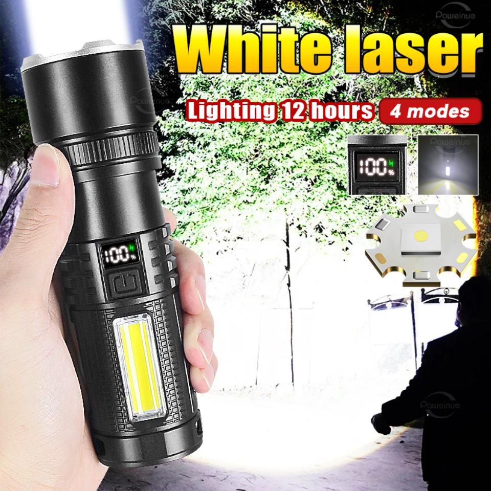 2024 New White Laser Flashlight Built-in Battery Rechargeable Torch Waterproof Outdoor Light Camping Lantern