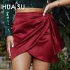 Women's Summer Irregular Zipper Half Skirt Pleated Positioning Solid Colour Satin High Waist Short Skirt