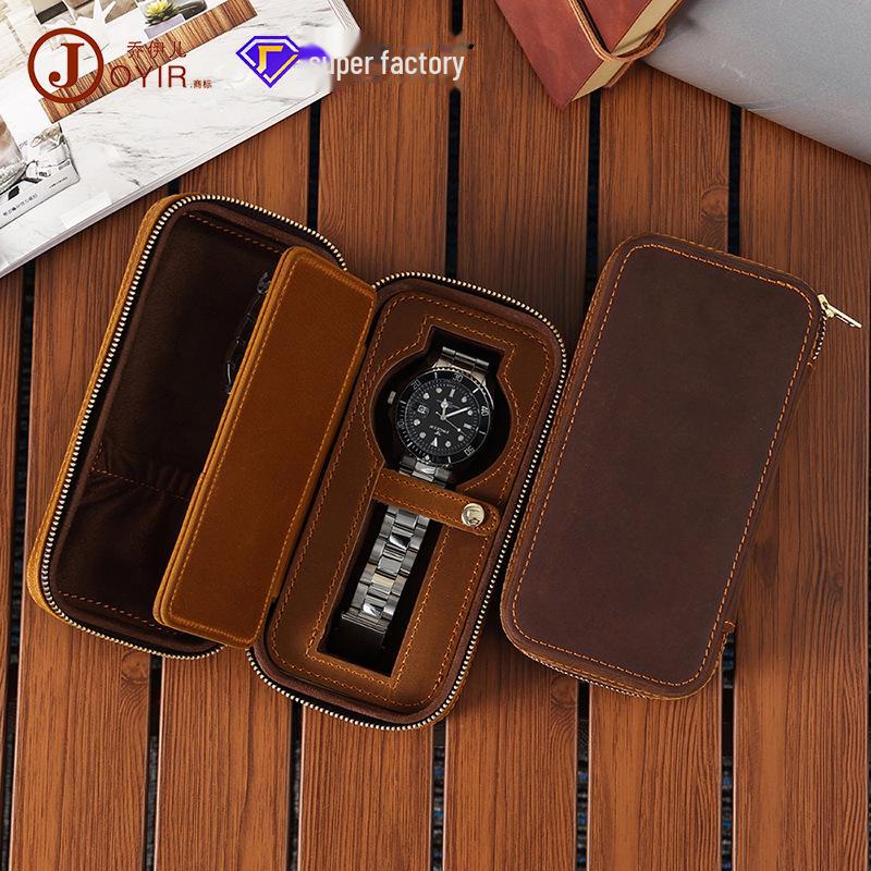 Vintage Crazy Horse Leather Travel Watch Box - Genuine Leather Zippered Storage for Single Watch