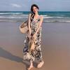 French Suspender Ink Painting Floral Beach Dress for Women New Summer Outdoor Wear Texture High-end Temperament Skirt