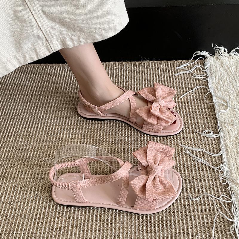 Fashion 2025 Hot Sale Open Toe Women's Sandals Summer Bow Tie Elastic Band Flat with Sandals for Plus Size Daily Beach Casual Shoes