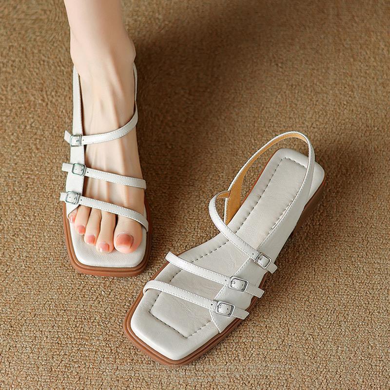 Summer Women Sandals Fashion Buckle Genuine Leather Low Heels Square Head Sandals Non Slip Low Heel Fashion Sandals Ladies Shoes