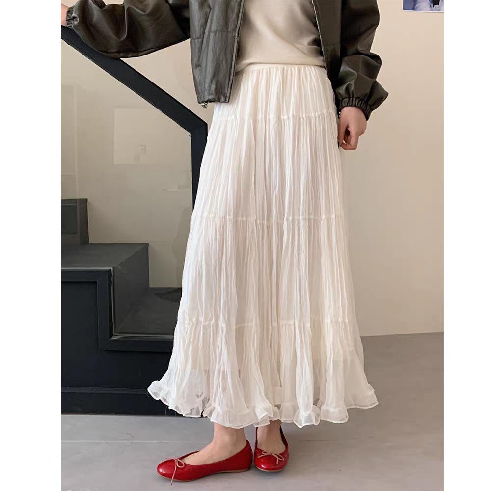French Gentle Wind Ruffle Leaf Edge Mesh Skirt Women's Summer Long Pleated Thin Lazy Holiday Style A-word Skirt