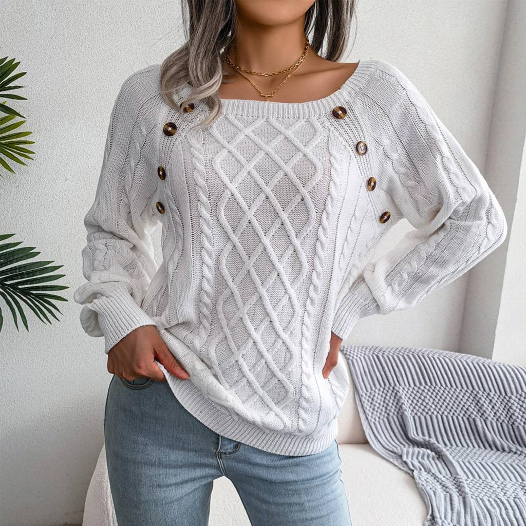 Women's Fashion Casual Solid Color Square Neck Button Cable Knit Pullover Sweater