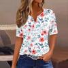 Women's Fashion Casual Vintage Floral Print V-Neck Short Sleeve Decorative Button T-Shirt Tops