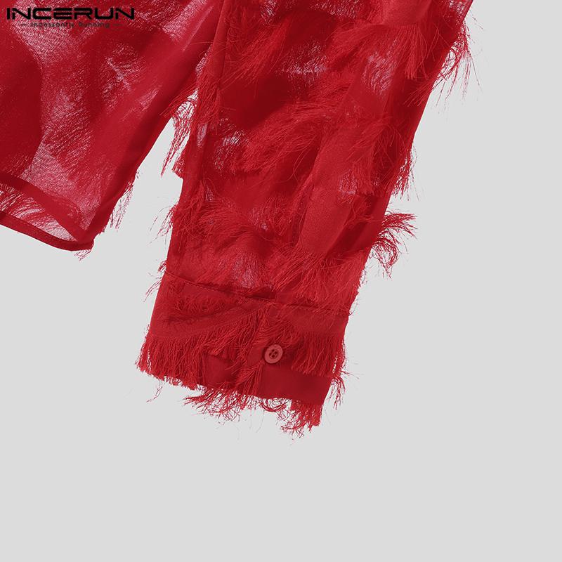 INCERUN Men Long Sleeve Button Up See Through Tassels Shirts Party Tops