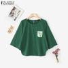 ZANZEA Women Casual Round Neck Loose 3/4 Sleeve Cotton Blouse