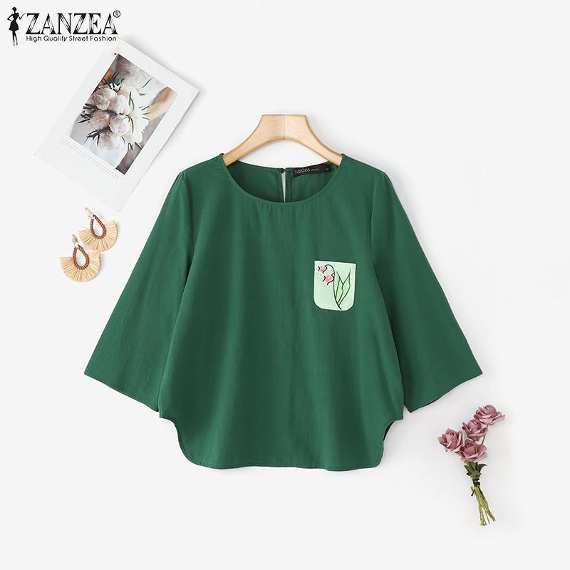 ZANZEA Women Casual Round Neck Loose 3/4 Sleeve Cotton Blouse