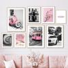 Wall Art Canvas Painting Pink Vintage Motorcycle Car Flower Black White Build Living Room Decor Posters And Prints Wall Pictures
