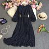 New Women's Long Sleeve Belt Slim Long Dress High Quality Elegant Vintage Dots Pleated Big Hem Chiffon Dress