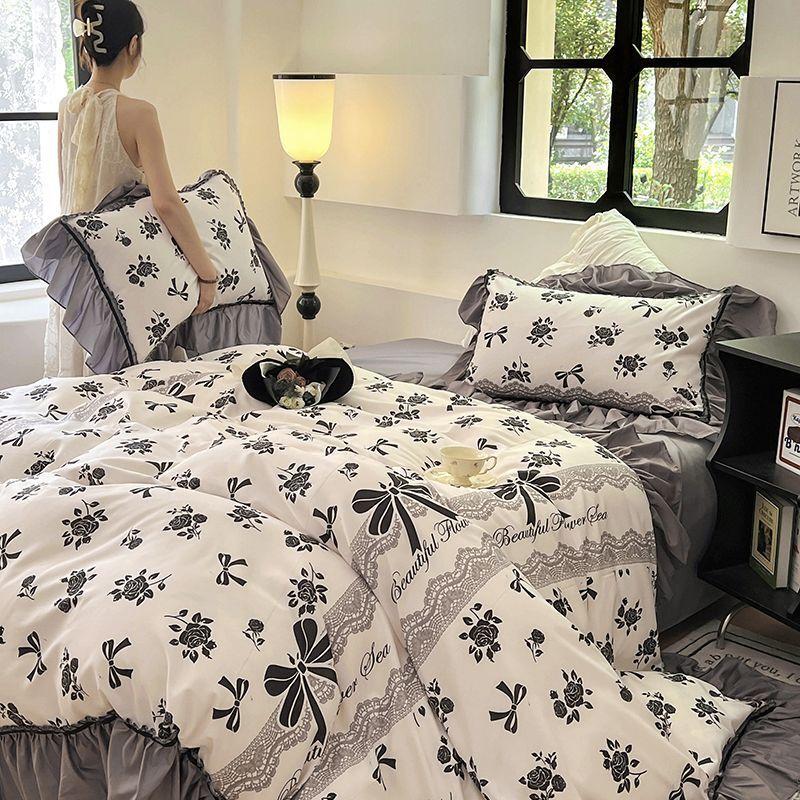 French Retro Light Luxury Washed Cotton Four Piece Set Bedroom Lace Duvet Set Single Bedding Set Dormitory Bed Linen
