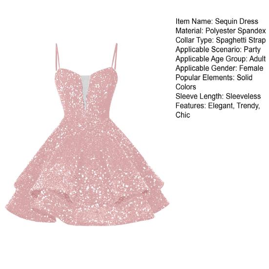 Women's Spaghetti Strap Sparkly Sequin Dress A Line Ruffle Swing Party Nightclub Mini Dress Sexy Backless Tight Short Cocktail Dress