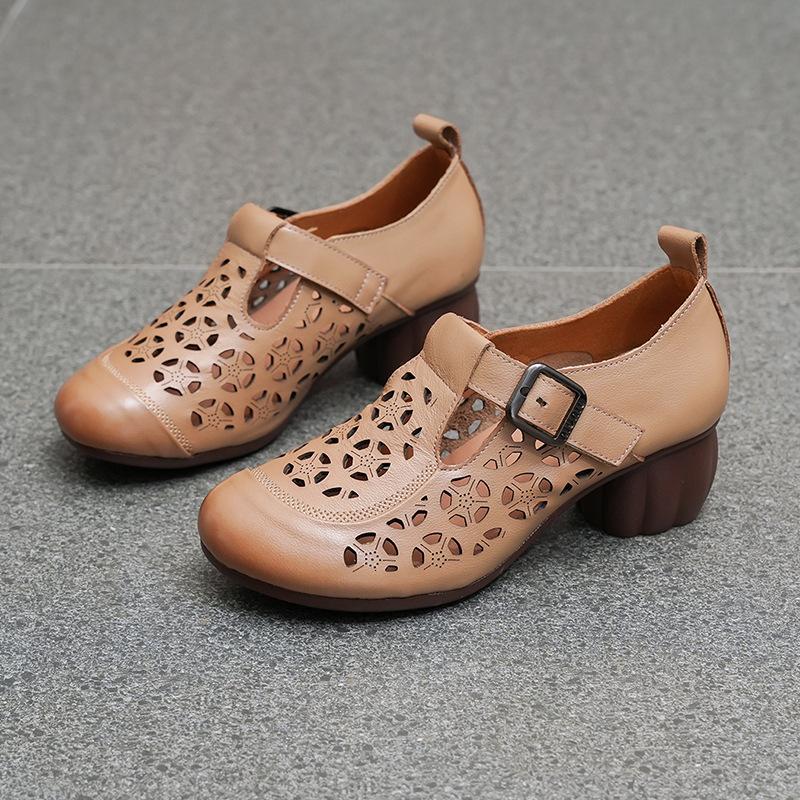 New Spring and Summer Thick Heel Breathable Single Shoes Women's First Layer Cowhide Hollow Hole Shoes Leather Shoes Mother Shoes