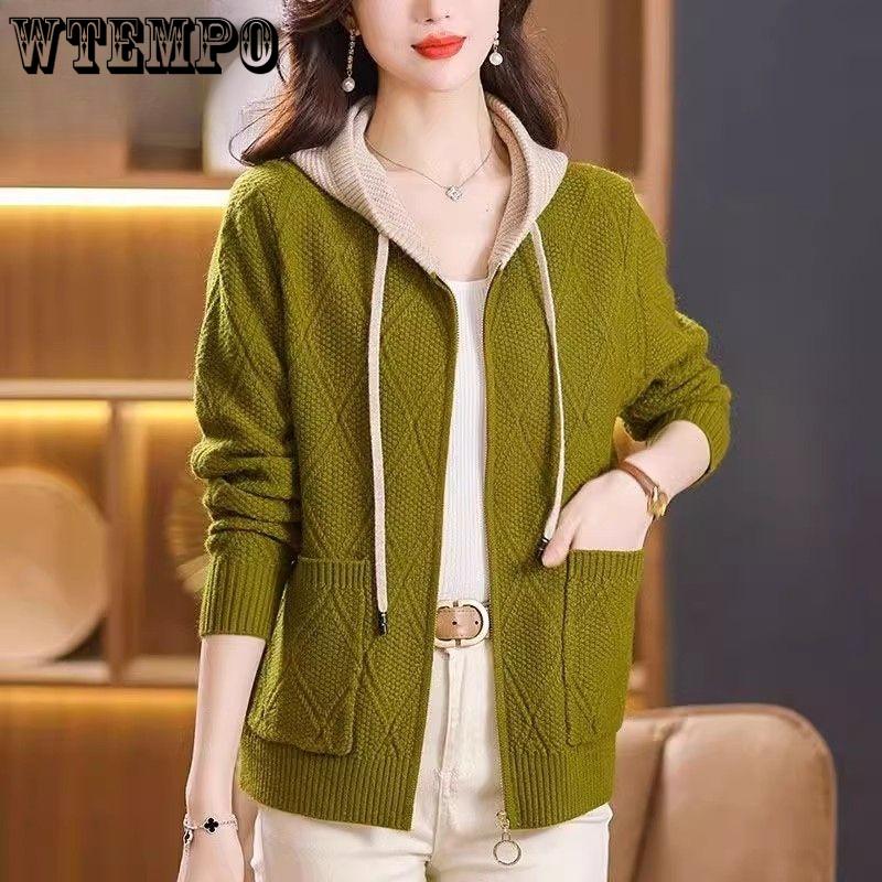 Women's Sweater Knitted Cardigan Stylish Color Blocked Short Hooded Sweater Zipper Sweater Jacket