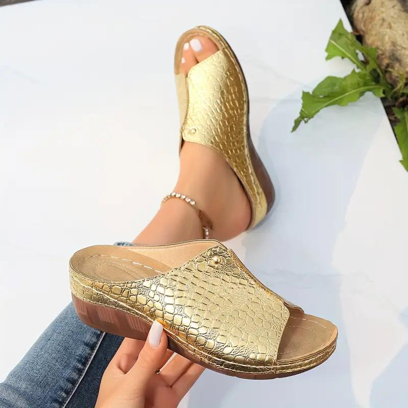 Women's Snakeskin Pattern Sandals Platform Slip On Soft Sole Casual Seaside Slides Low Wedge Vacation Slides