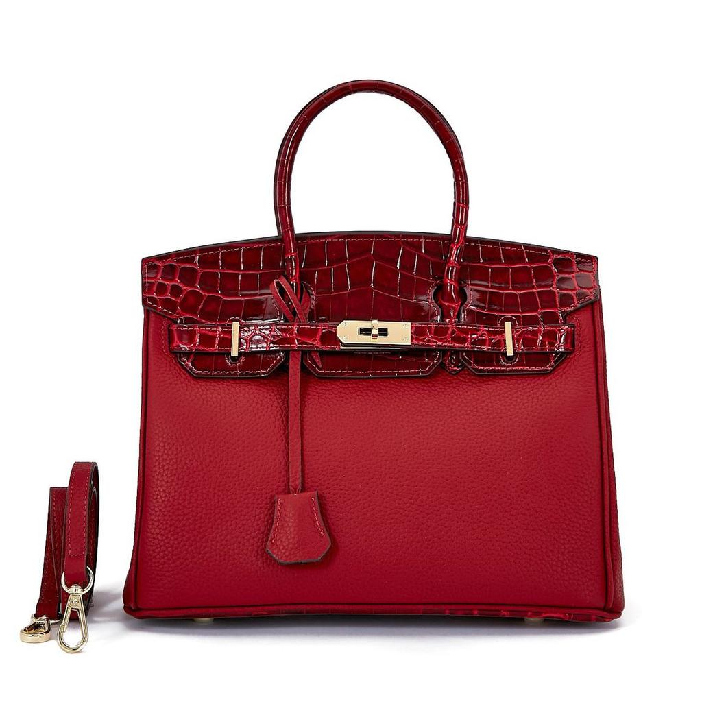 Color Blocked Top Layer Cowhide Platinum Bag Large Capacity Lychee Pattern Women's Handbag Fashionable And Versatile Genuine Leather Women's Bag