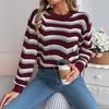 Fashionable Women's Casual Openwork Colour-Block Striped Lantern-Sleeve Pullover