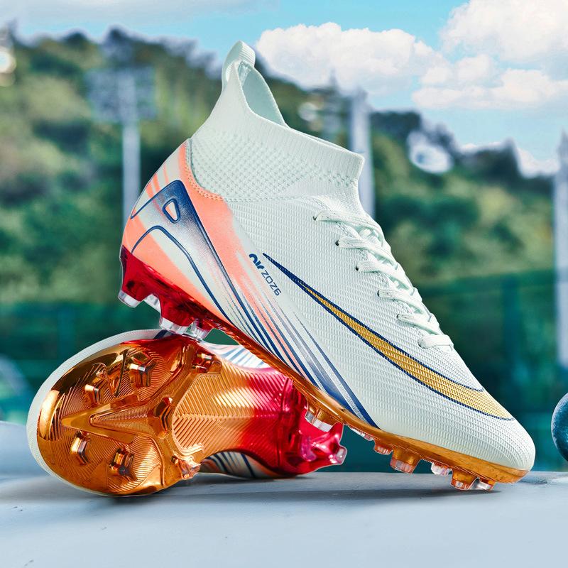 Ronaldo Gold-plated Seamless Fly-woven Football Shoes, Youth Spikes, Artificial Grass Game Training Shoes