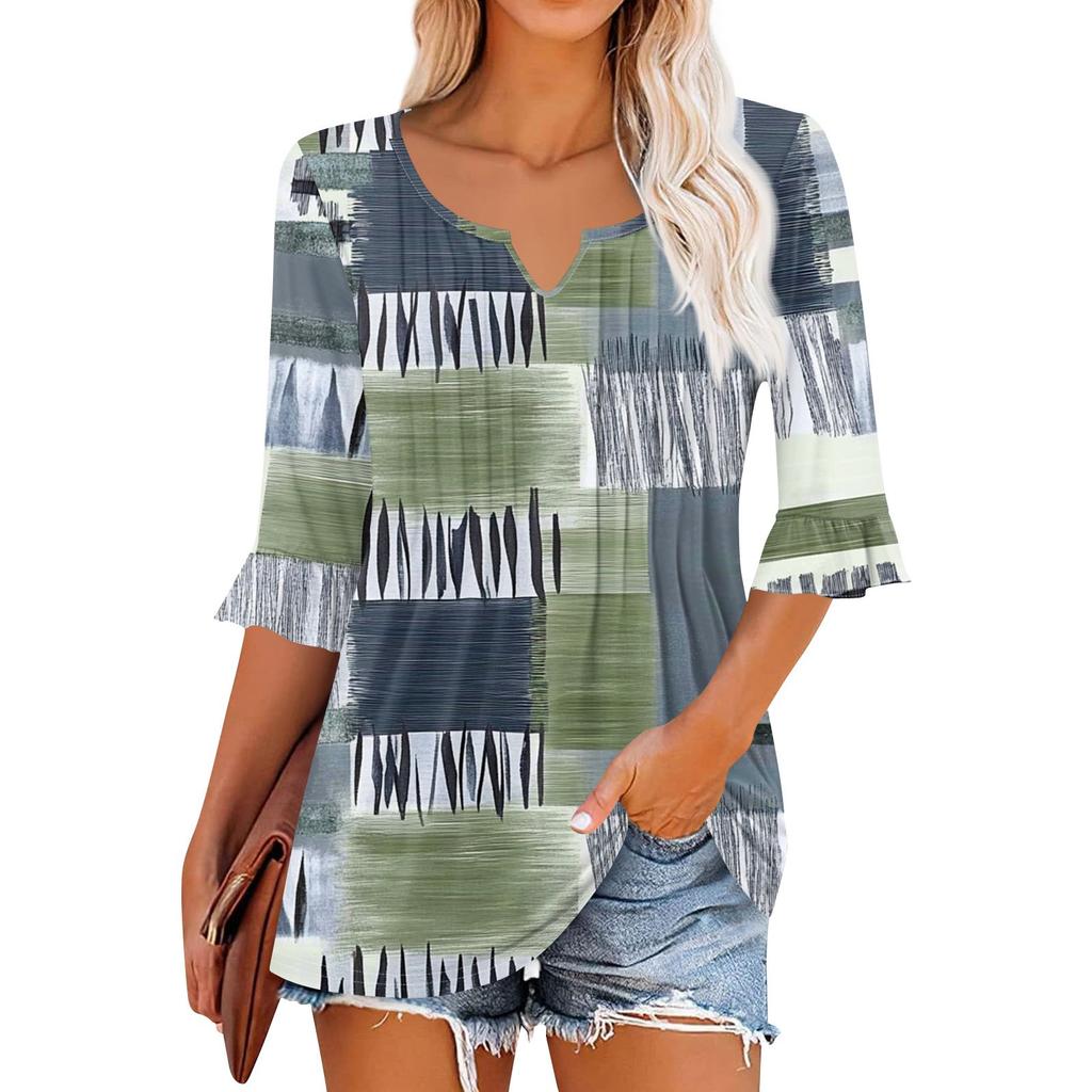 3/4 Sleeve Tops For Women Casual Ruffle V Neck T Shirts Work Blouses Dressy Tunic Tops