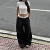 Contrast Lace Stitching Wide Leg Pants Streetwear Y2K Low Rise Loose Black Trousers for Women Korean Baggy Capris