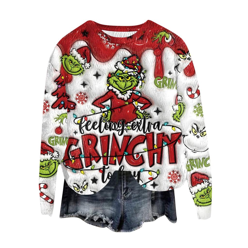 Women's Fashion Round Neck Pullover Top Long Sleeve Tee Christmas Printed Sweatshirt