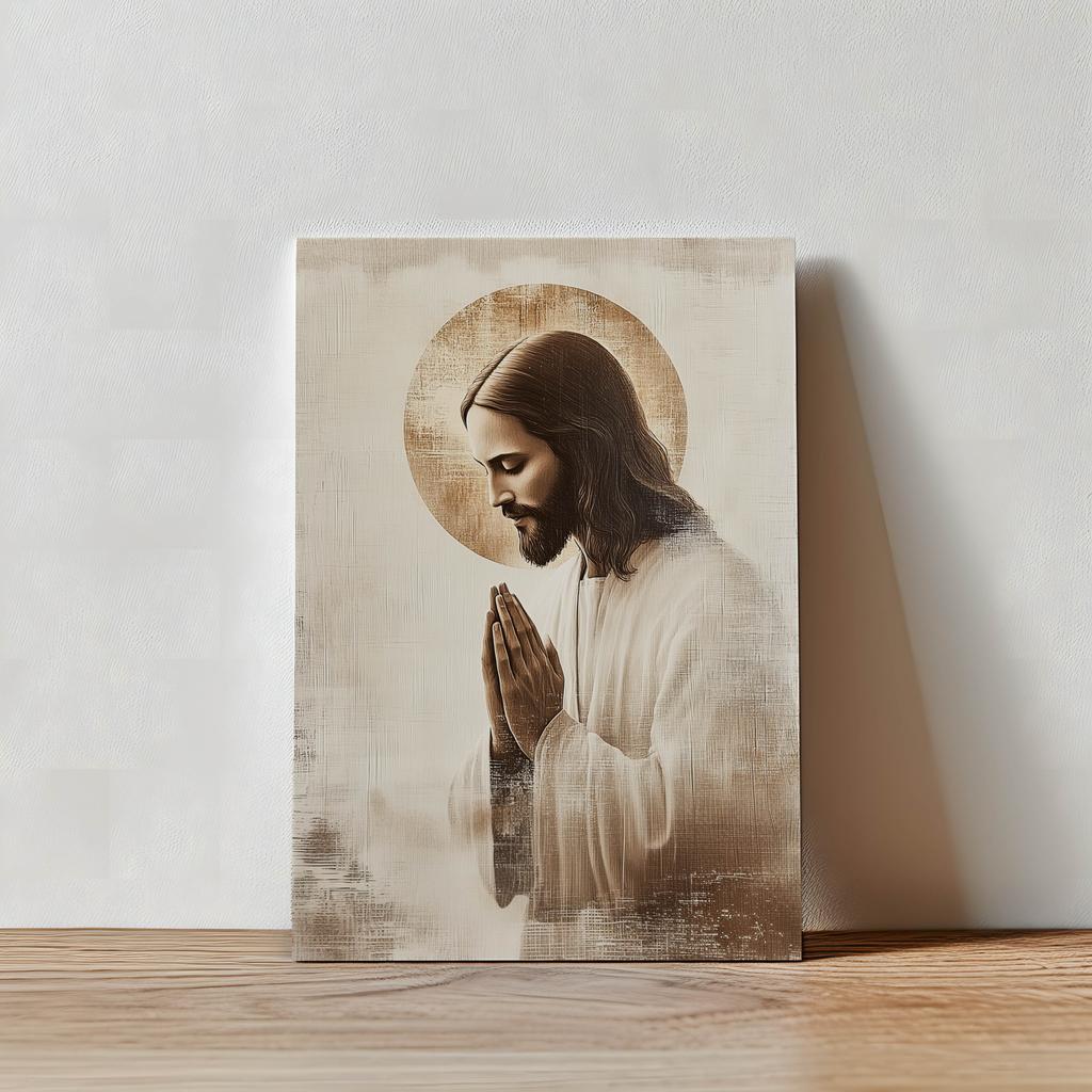Jezus W Modlitwie - Złota Aureola Jezus W Modlitwie - Złota Aureola, 40X50 Cm, Rama Aluminiowa Złota, Papier Matowy 230 Gsm