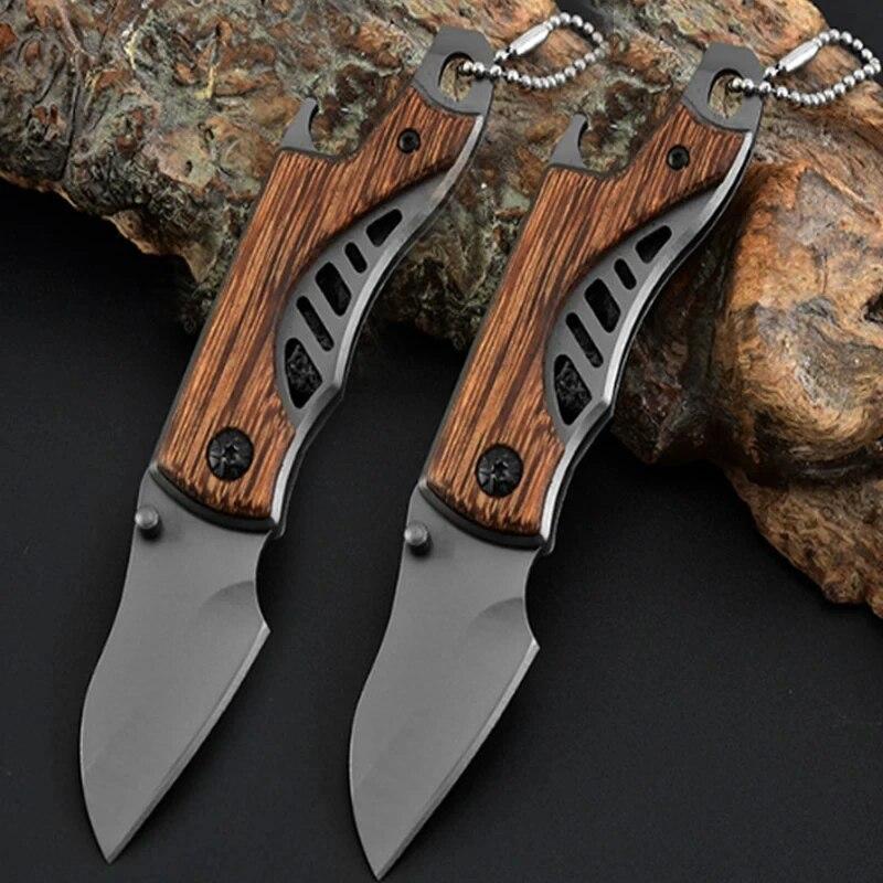 Stainless Steel Mini Folding Knife Portable Outdoor Knife Bottle Opener Multifunctional Knife Outdoor Survival Knife Wooden Handle Pocket Knife