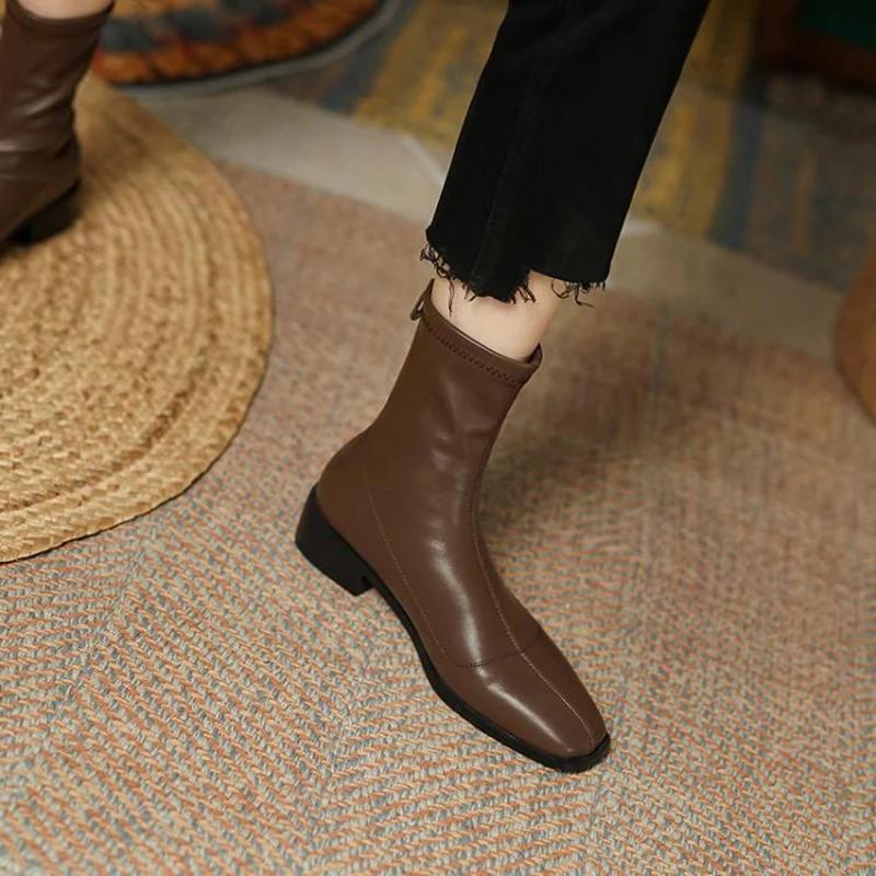 Designer Vintage Square Toe Women Slim Ankle Boots Fashion Elegant Zippers Shoes Autumn Stretch Women's Short Booties