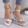 Fashion Summer New Chunky Sandals Women's Round Head Open Toe Printed Metal Buckle with A Line with Non-slip High Heels