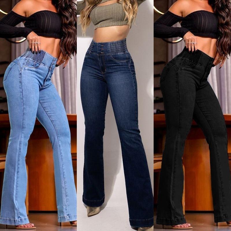 High-waisted Elastic Slimming Slightly Flared and Hip-lifting Denim Trousers