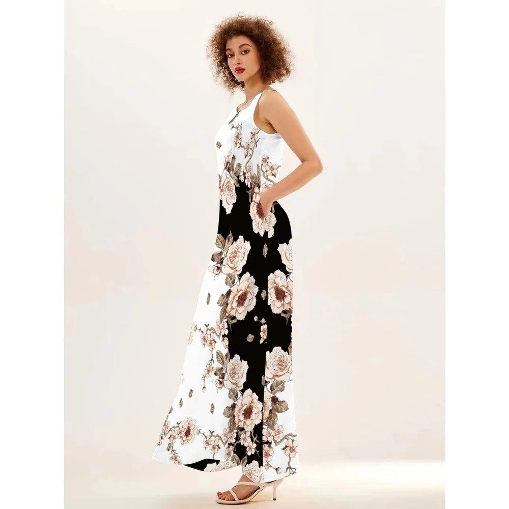 Flower Print Casual Sleeveless Long Dress Women's V-Neck Printed Dress Swing Bohemian Retro Dresses