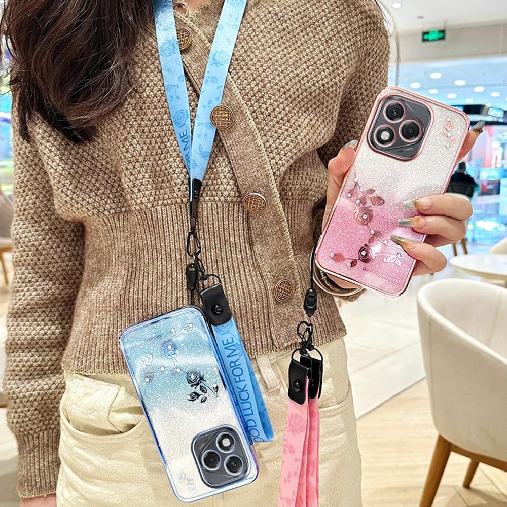 KADEM For Honor 400 Lite 5G Case Flower Pattern TPU Gradient Phone Cover with Lanyards