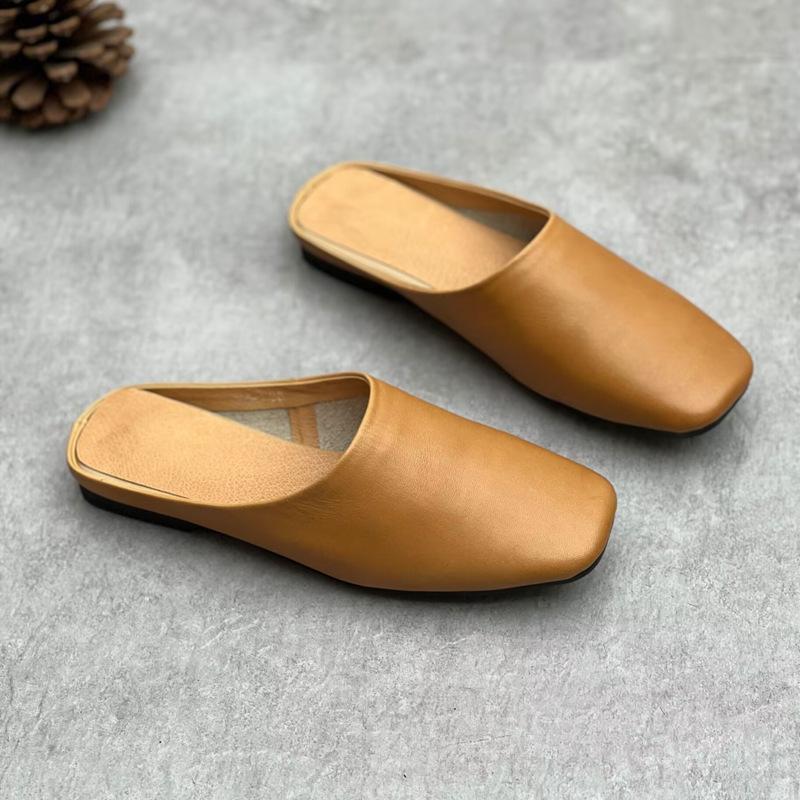 Fashion GKTINOO 2025 Summer New Genuine Leather Soft Sole Flat Slippers Retro Solid Color Versatile Women's Shoes Outside Slides