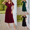 Women's Solid Color Short Sleeve Sexy Korean Velvet V Neck Elastic Waist Evening Dress