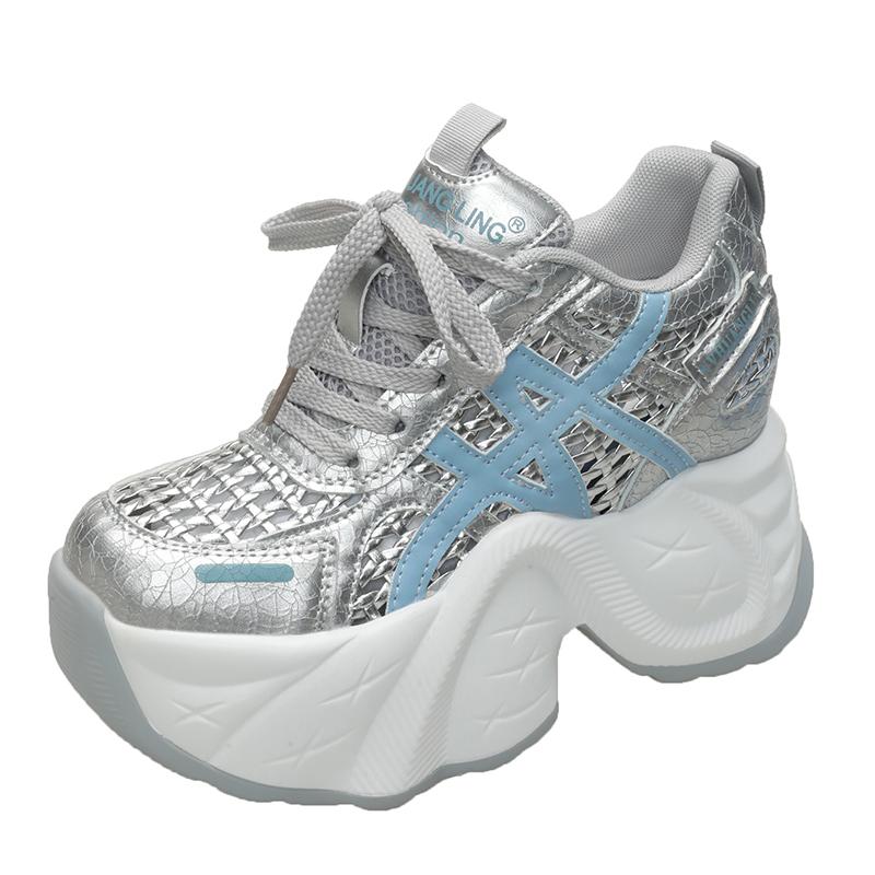 Fashion 2025 Chunky Leather Sneakers Summer Casual Vulcanized Shoes Woman High Platform Breathable Hollow Sneakers 9CM Sport Dad Shoes