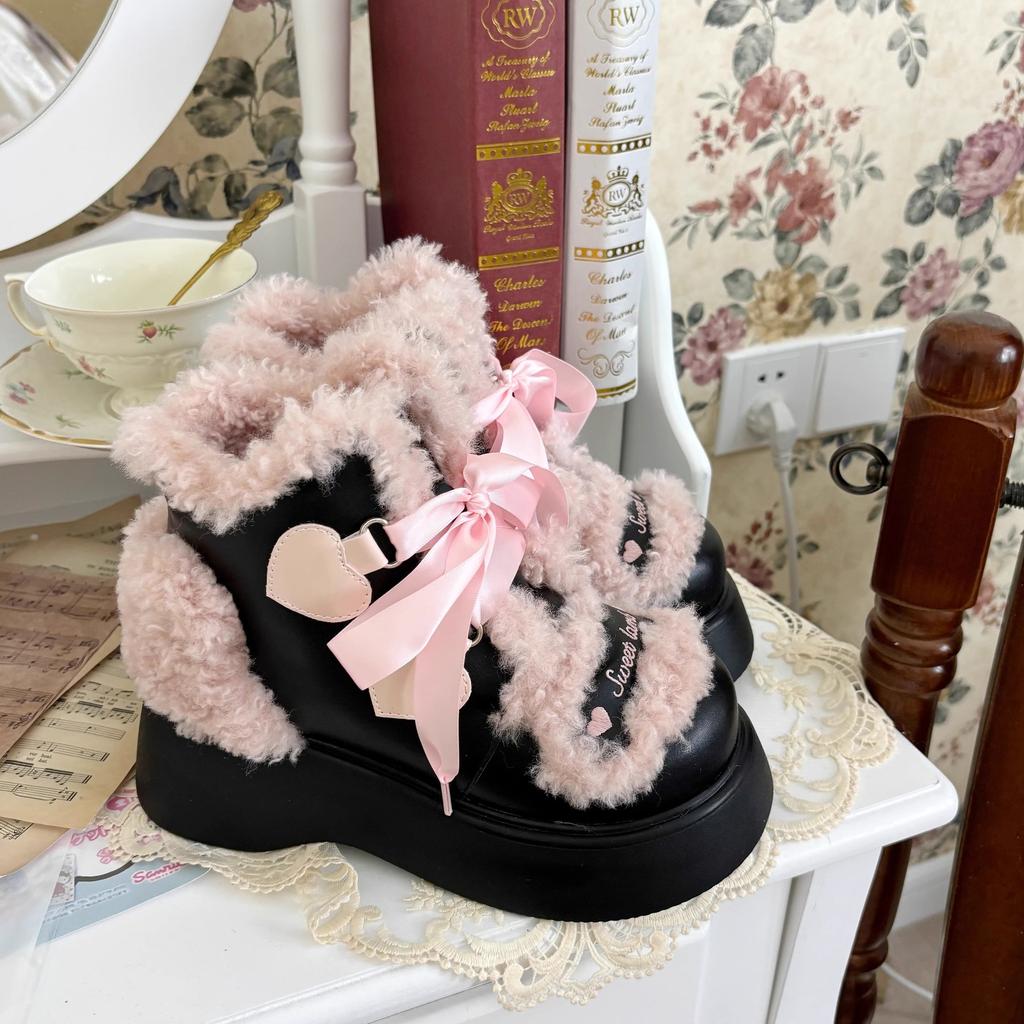 2024 Winter Platform Shoes Lolita Women Boots Plush Lovely Japanese Style Leather Shoes College Pink Bow Thick Sole Ladies Boot