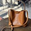 Genuine Leather Simple Bucket Shoulder Bags Vintage Large Capacity Cowhide Solid Color Women Handbag