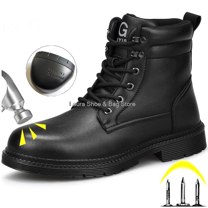 Fashion Waterproof Leather Safety Boots For Men Winter Boots Steel Toe Black Work Boots Indestructible Industrial Safety Shoes Man Shoes